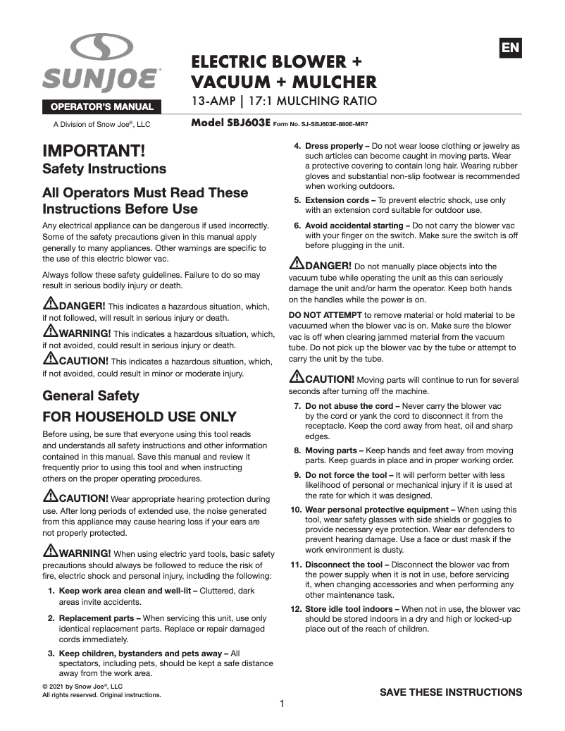 Page 1 de la notice Manuel utilisateur Sun Joe SBJ603E