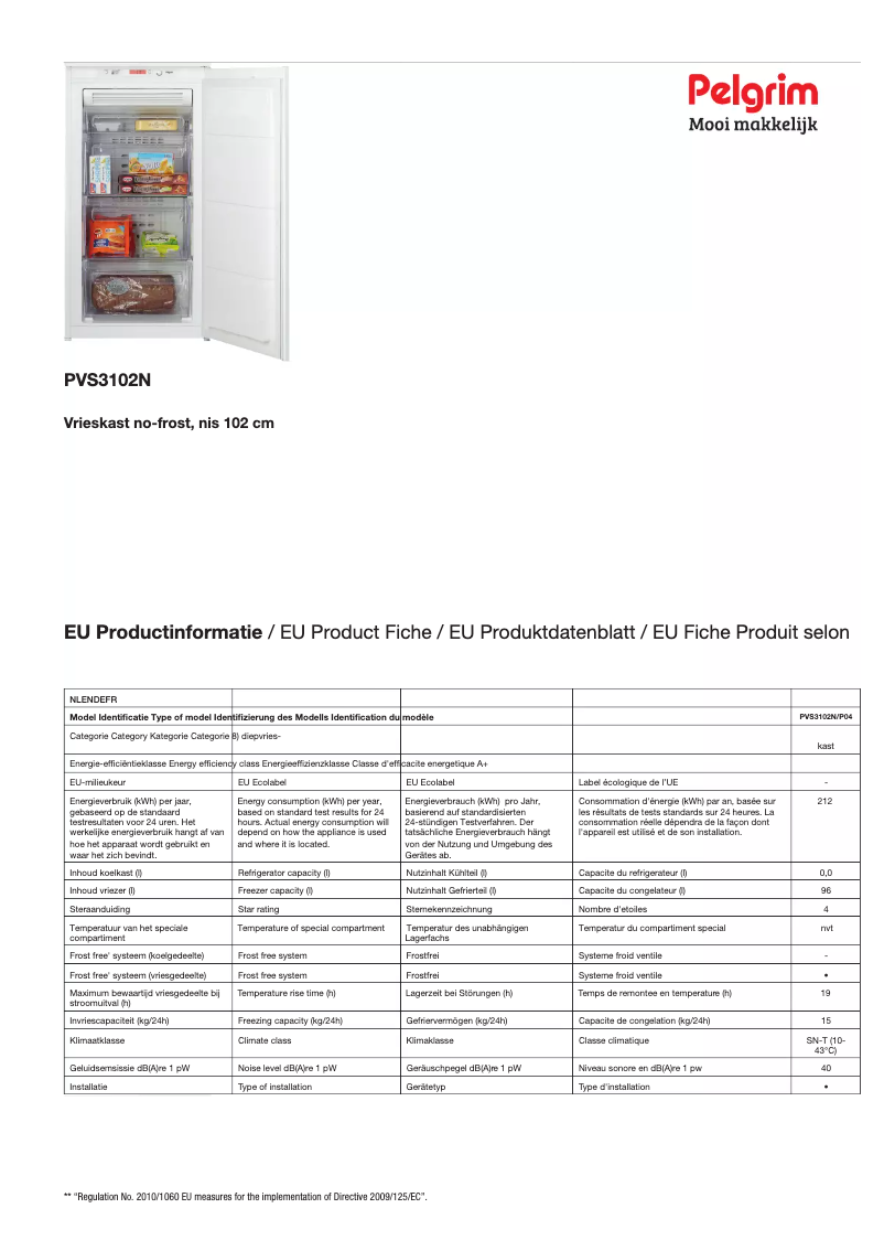 Page 1 de la notice Fiche technique Pelgrim PVS3102N