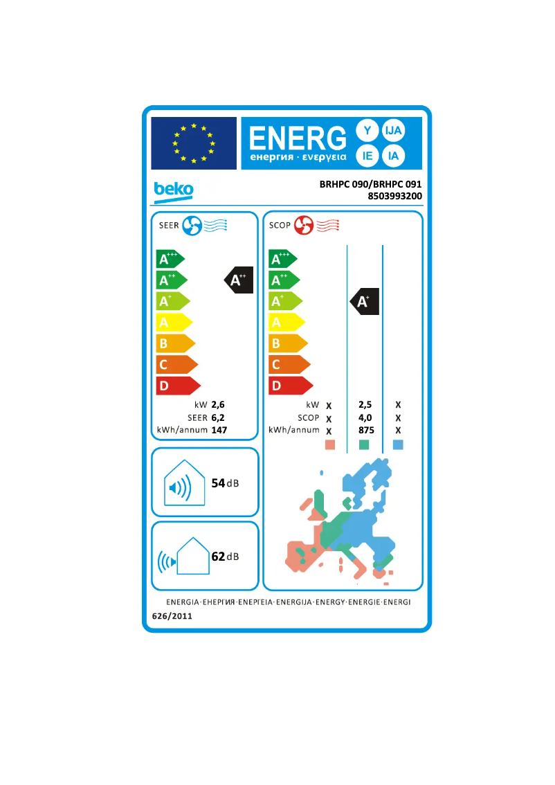 Page 1 de la notice Label énergétique Beko BRHPC 091