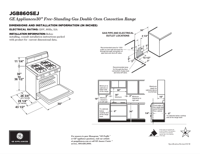 Page 1 of the manual Technical Sheet GE JGB860DEJBB