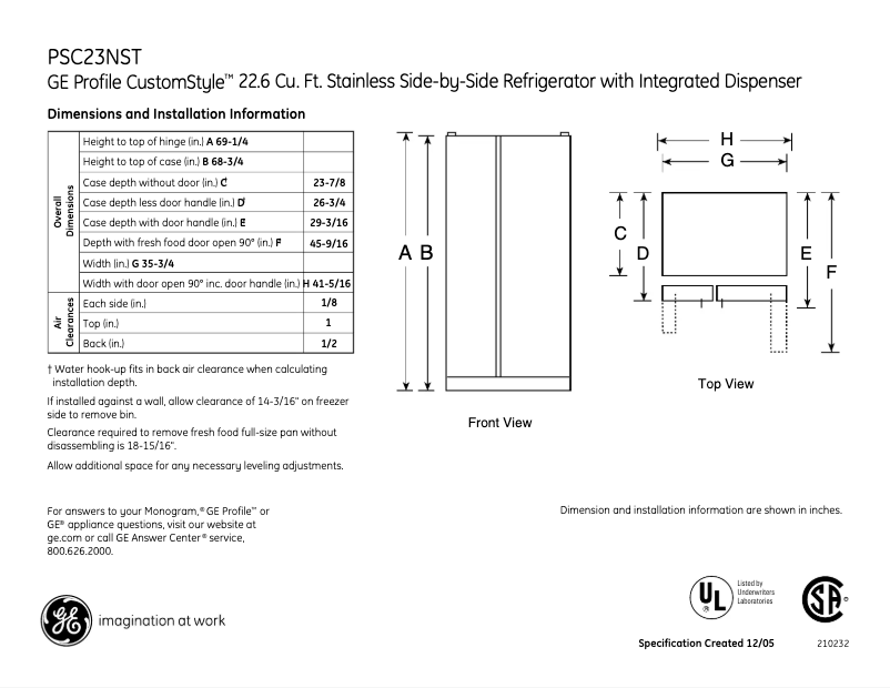 Page 1 de la notice Fiche technique GE PSC23NSTSS