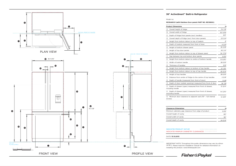 Page 1 de la notice Fiche technique Fisher & Paykel RS36A80U1 N