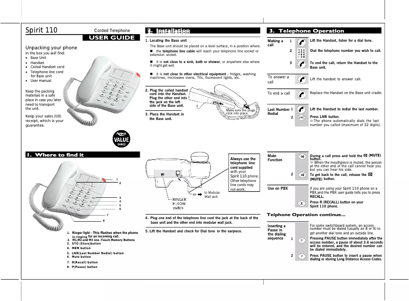 Image de la première page du manuel de l'appareil Spirit 110