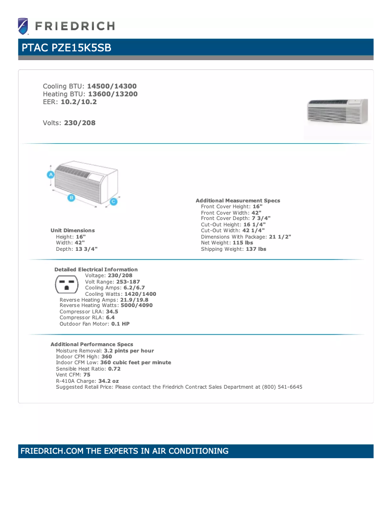 Página 1 del manual Ficha técnica Friedrich PZE15K5SB