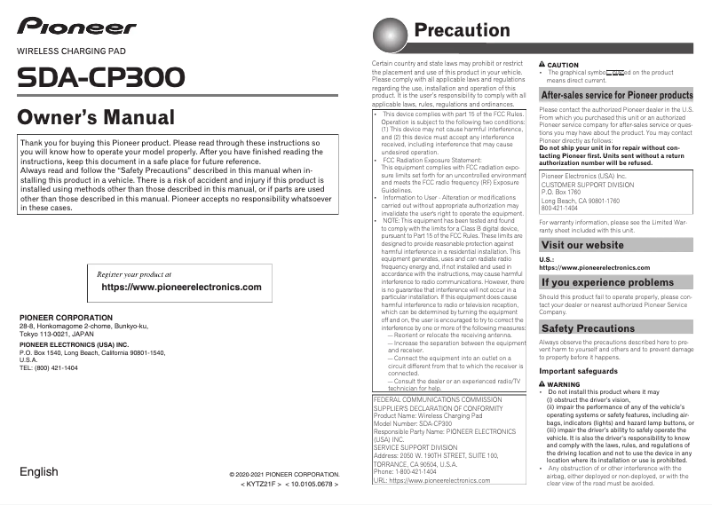 Page 1 de la notice Manuel utilisateur Pioneer SDA-CP300