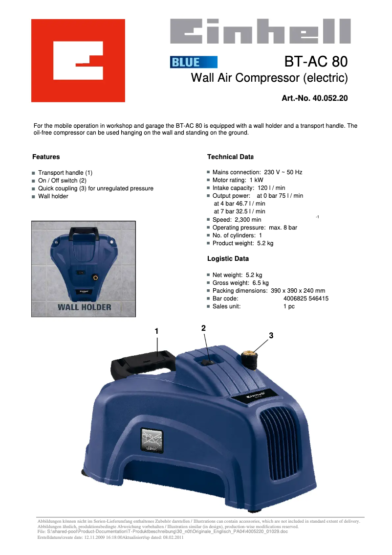 Page 1 de la notice Manuel utilisateur Einhell BT-AC 80