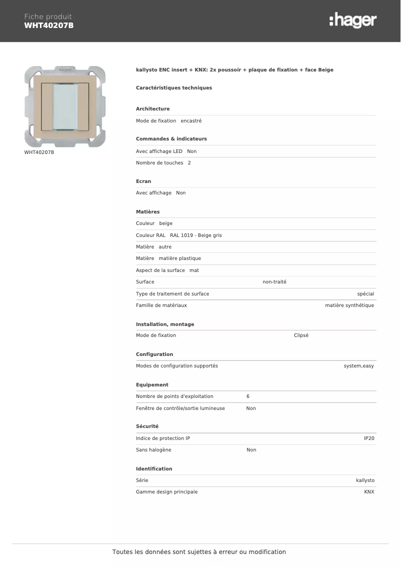 Page 1 de la notice Fiche technique Hager WHT40207B