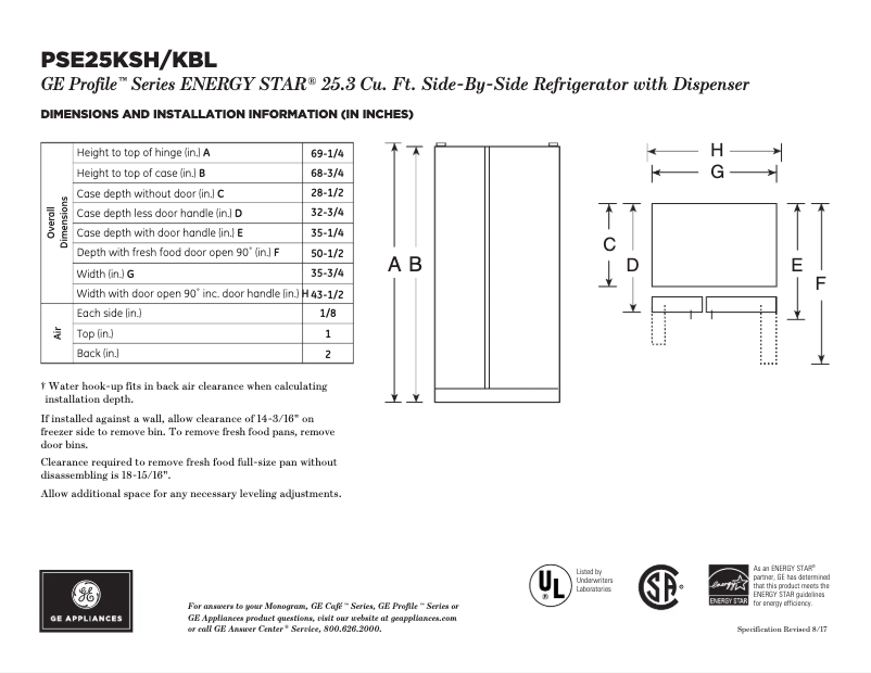 Page n°1 - Fiche technique GE Profile PSE25KSHSS