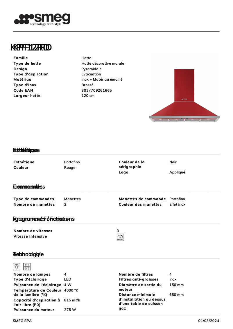 Page 1 de la notice Fiche technique Smeg KPF12RD