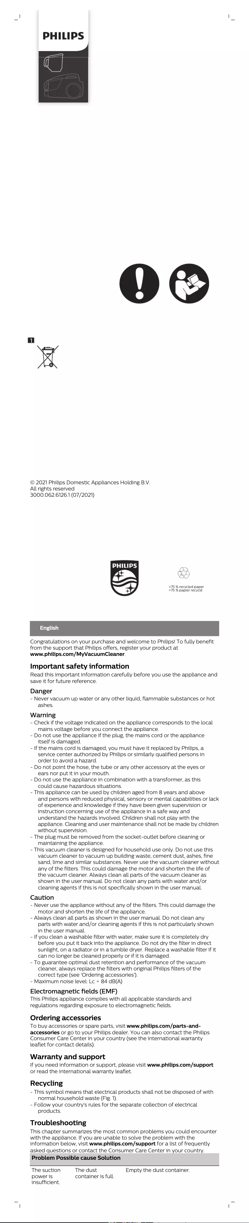 Page 1 de la notice Manuel utilisateur Philips PowerPro Active FC9552
