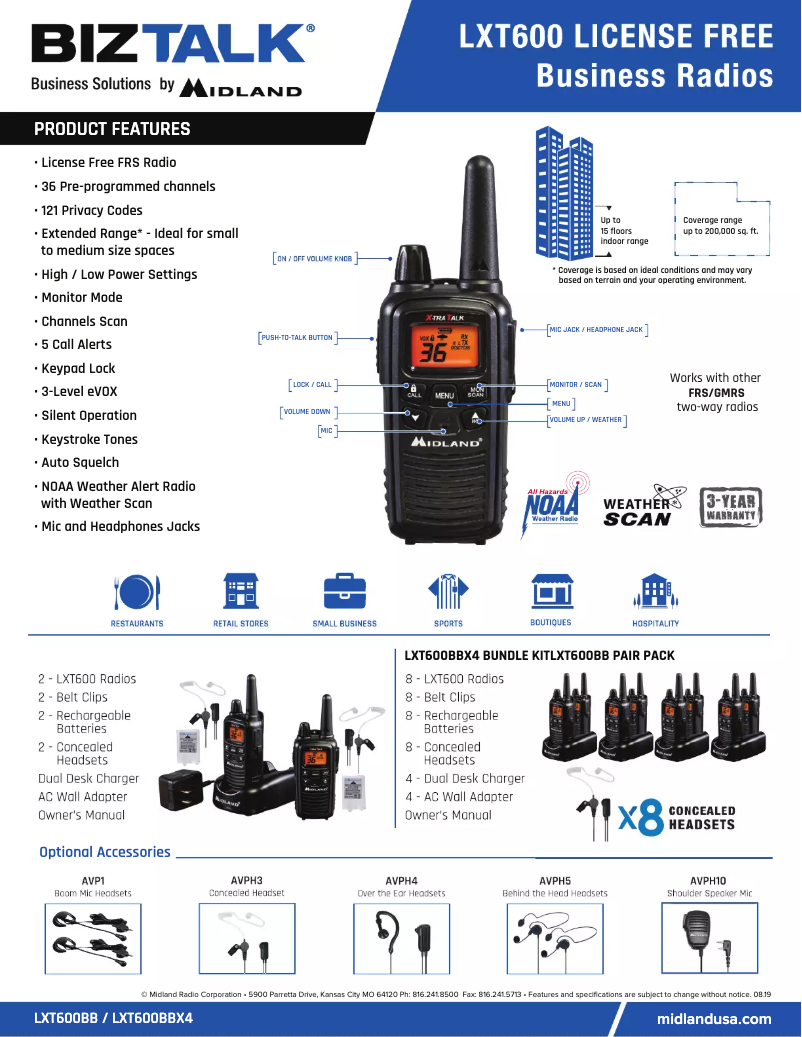 Page 1 de la notice Fiche technique Midland LXT600BB