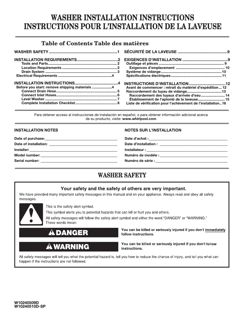 Page n°1 - Guide d'installation Whirlpool WTW4616F