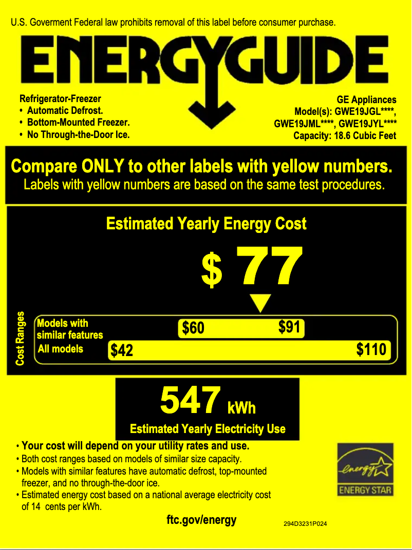 Page 1 de la notice Label énergétique GE GWE19JMLES