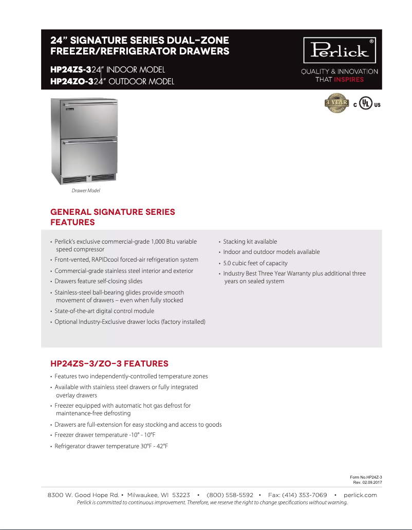 Page n°1 - Fiche technique Perlick HP24ZS-36