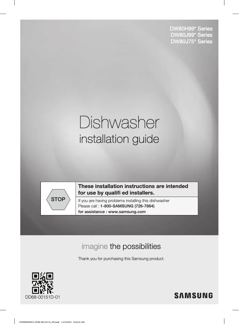 Page 1 de la notice Guide d'installation Samsung DW80J9945MO