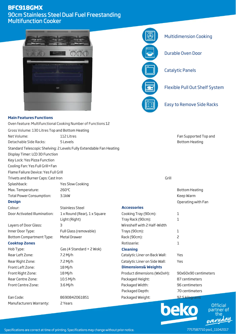 Page 1 de la notice Fiche technique Beko BFC918GMX