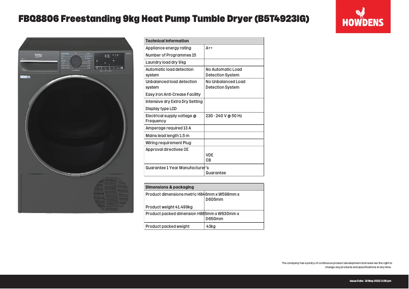 Page 1 de la notice Fiche technique Beko FBQ8806