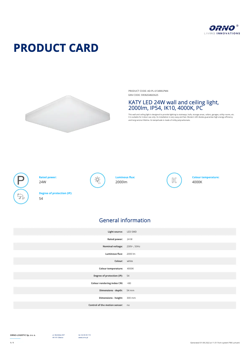 Page 1 de la notice Fiche technique Adviti AD-PL-6134WLPM4