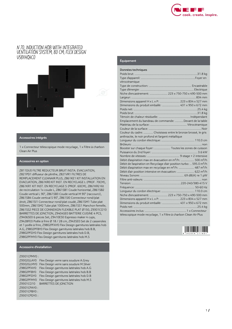 Page 1 de la notice Fiche technique Neff V58YHQ4C0