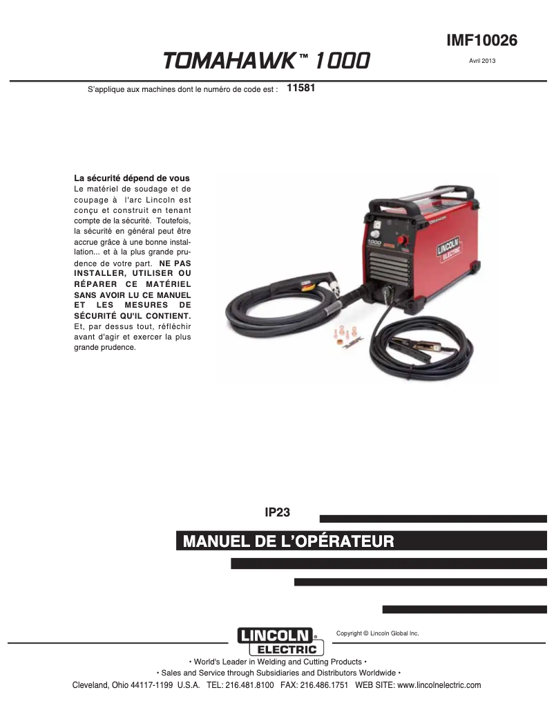 Page 1 de la notice Manuel utilisateur Lincoln Electric Tomahawk 1000