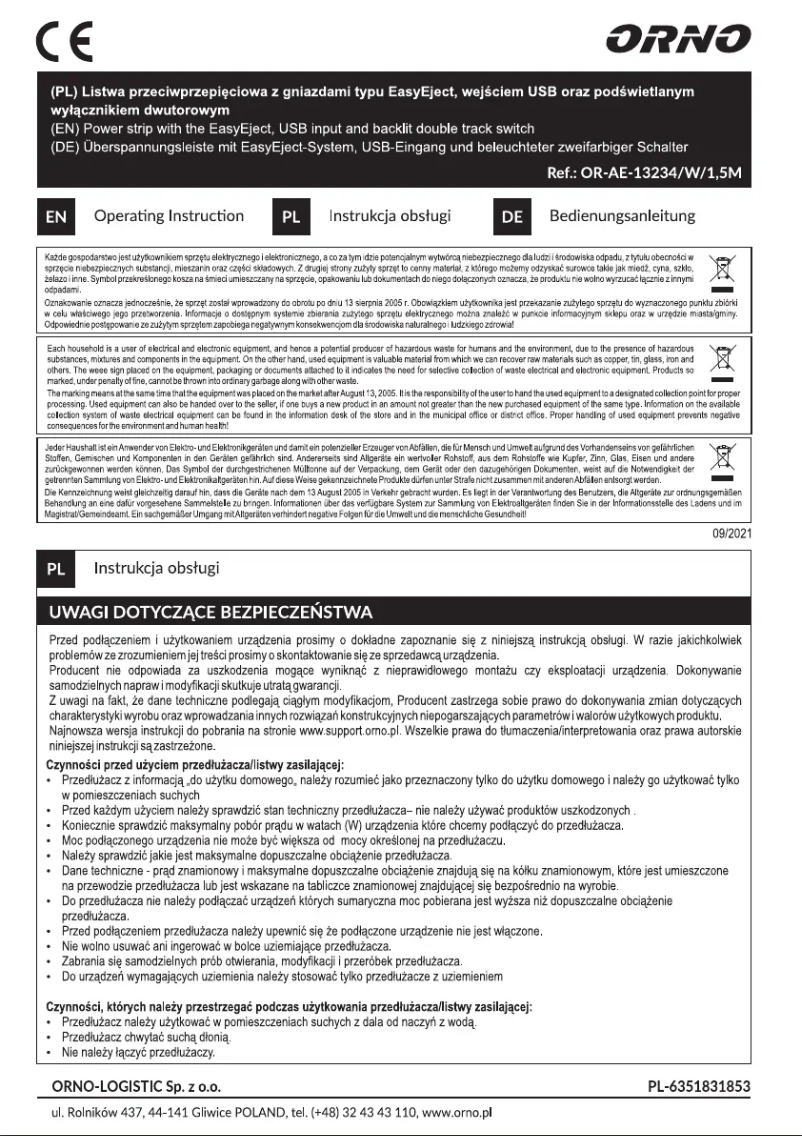 Page 1 de la notice Manuel utilisateur ORNO OR-AE-13234