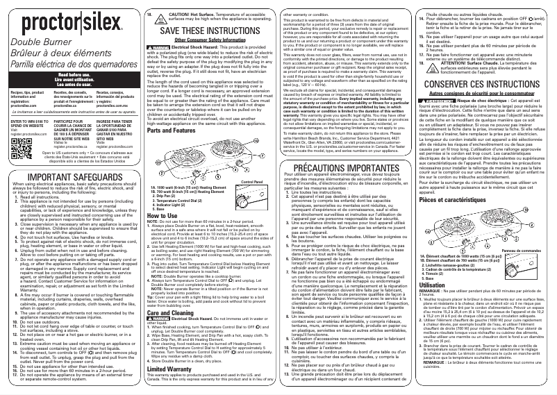 Page n°1 - Manuel utilisateur Proctor Silex 34115