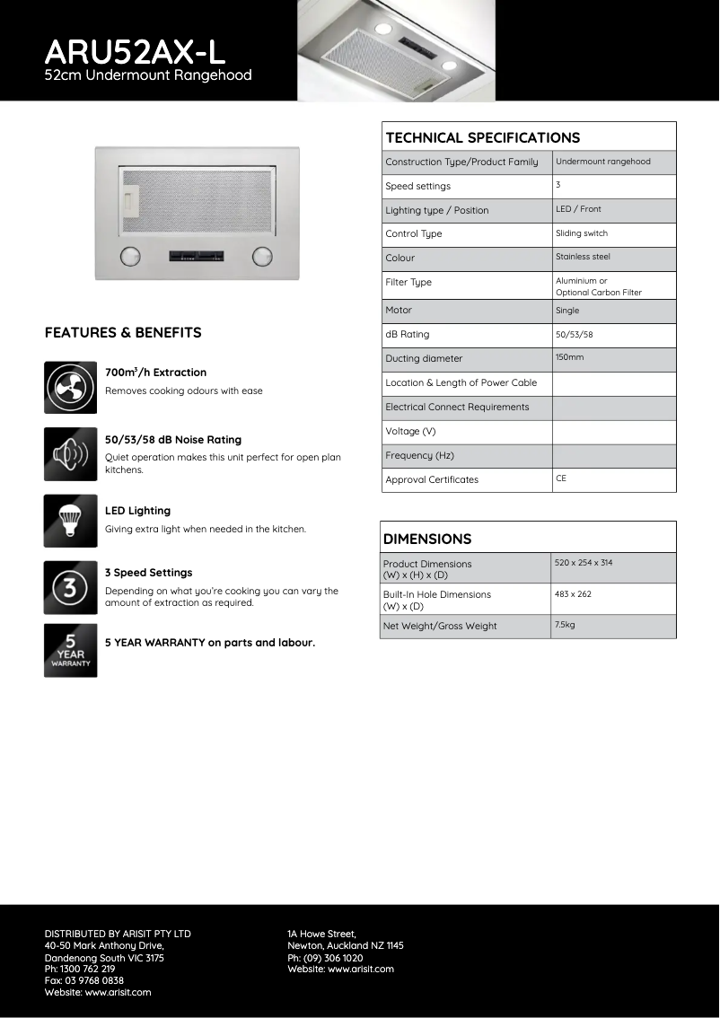 Page 1 de la notice Fiche technique Tisira ARU52AX-L