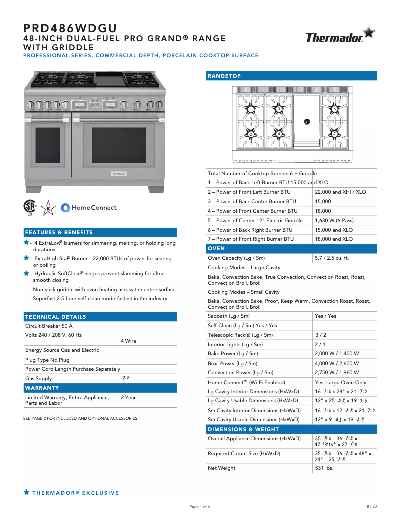 Page 1 de la notice Fiche technique Thermador PRD486WDGU