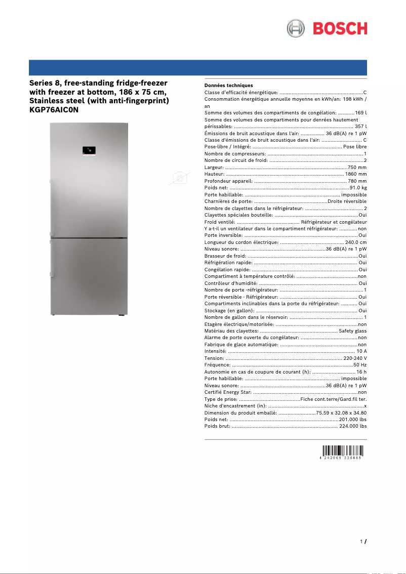Page 1 de la notice Fiche technique Bosch KGP76AIC0N