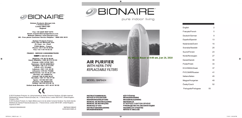 Page 1 de la notice Manuel utilisateur Bionaire BAP9424