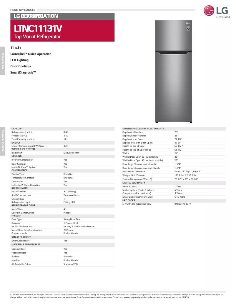 Page 1 de la notice Fiche technique LG LTNC11131V