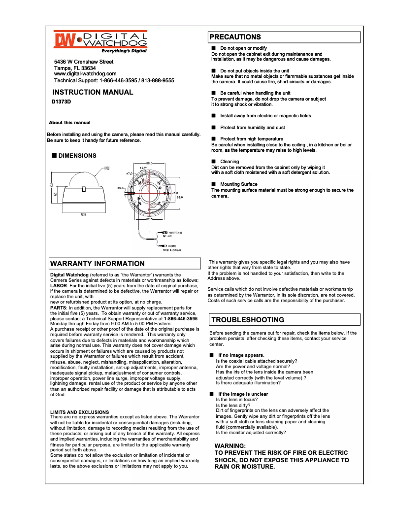 Page n°1 - Manuel utilisateur Digital Watchdog DWC-D1373D