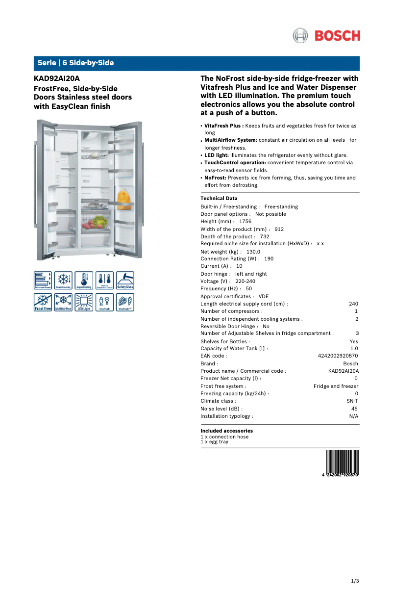 Page 1 de la notice Manuel utilisateur Bosch KAD92AI20A