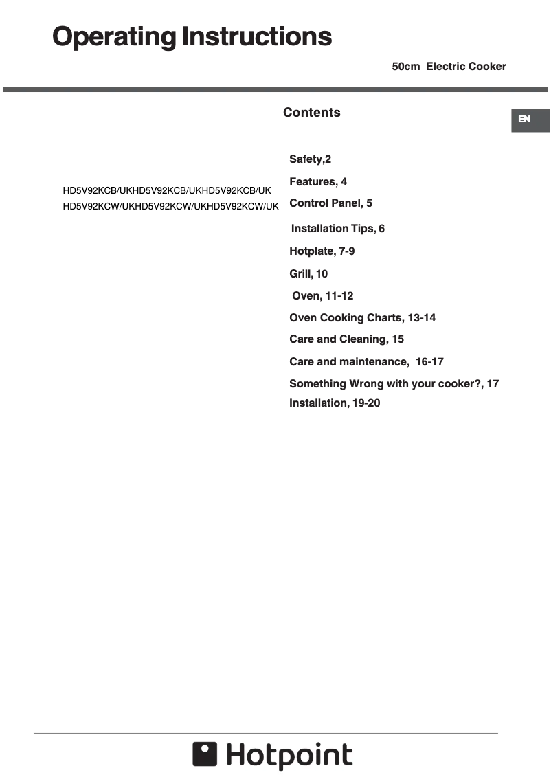 Page 1 de la notice Manuel utilisateur Hotpoint HD5V92KCW