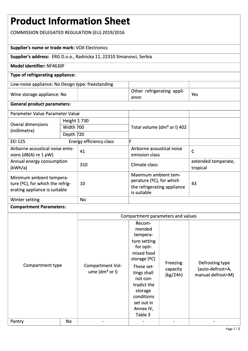 Page 1 de la notice Fiche technique VOX NF 4630 F