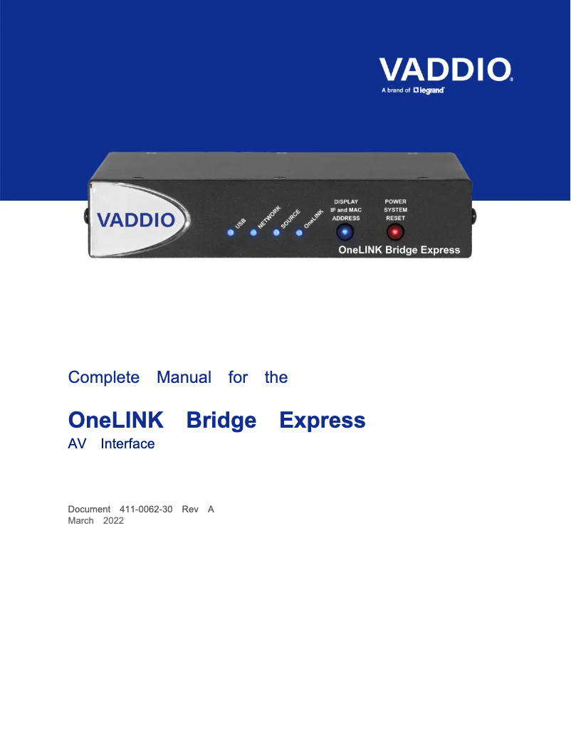 Page 1 of the manual User Manual Vaddio OneLINK Bridge Express