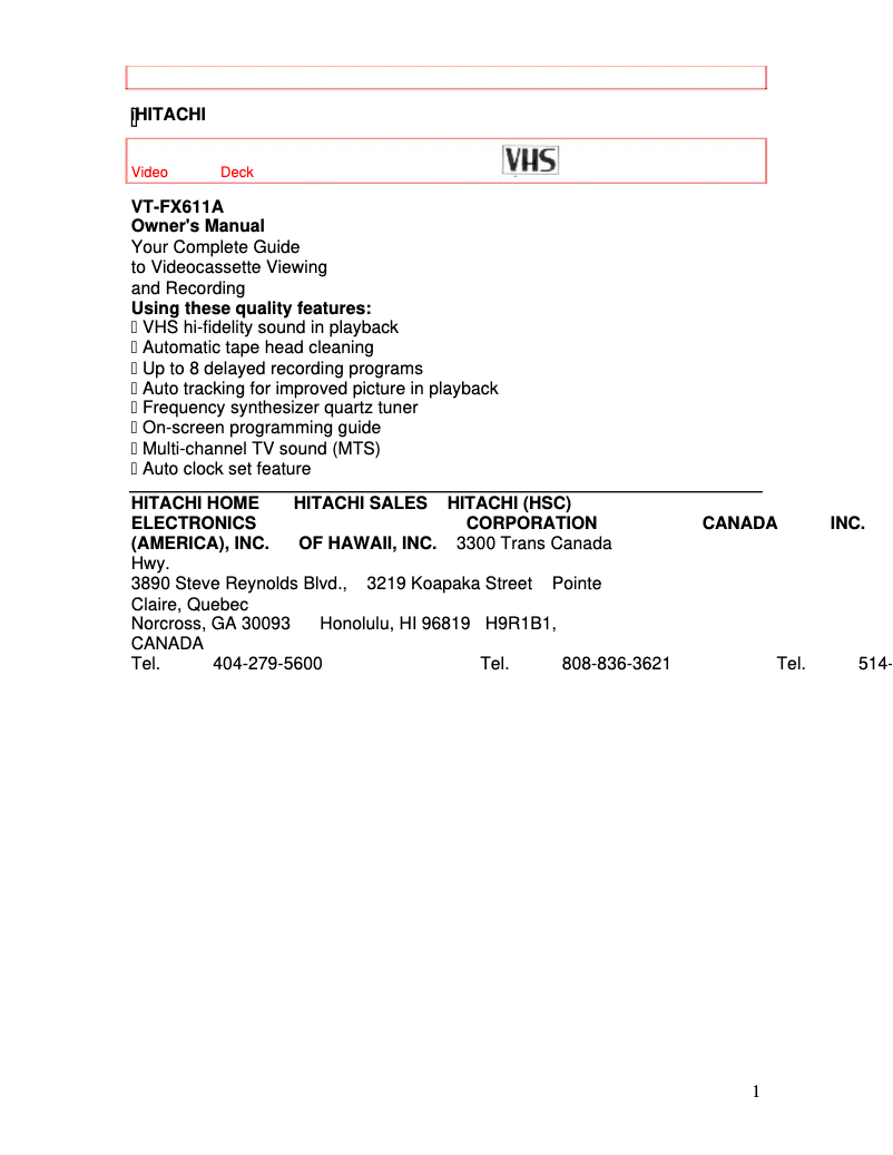 Page 1 de la notice Manuel utilisateur Hitachi VT-FX611A