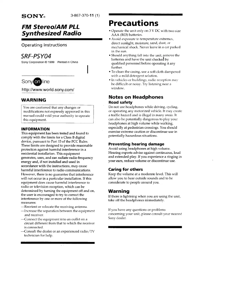 Página 1 del manual Manual de usuario Sony SRF-PSY04