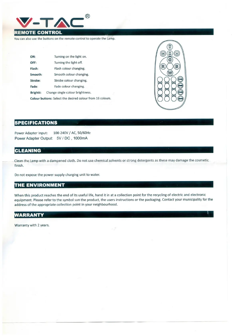 Page n°1 - Manuel utilisateur V-TAC VT-7809
