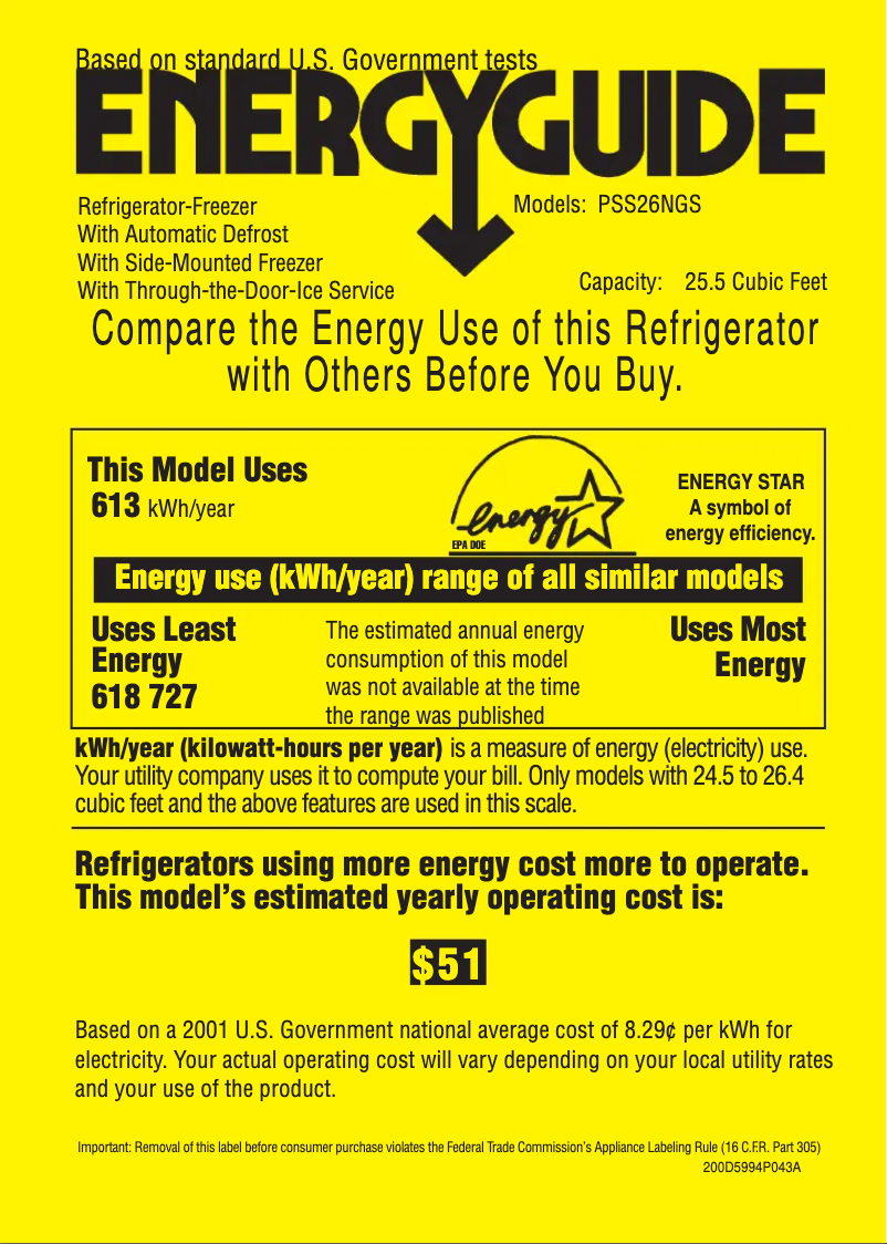 Page 1 de la notice Label énergétique GE Profile PSS26NGSWW
