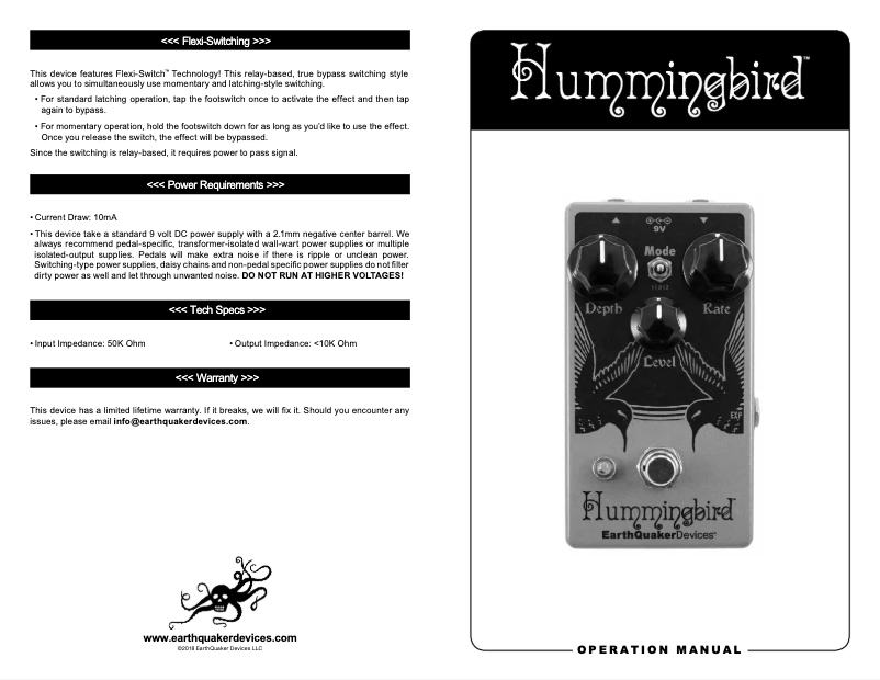 Page 1 de la notice Manuel utilisateur EarthQuaker Devices Hummingbird