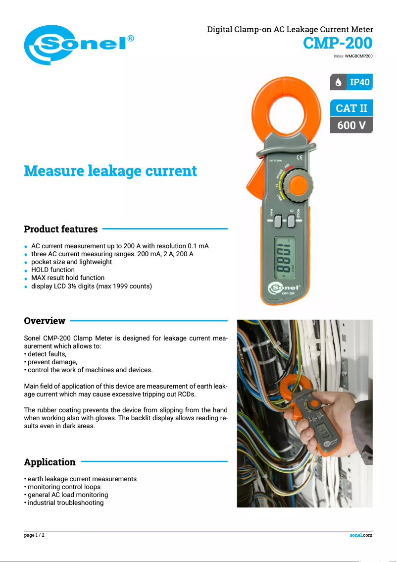 Page 1 de la notice Fiche technique Sonel CMP-200