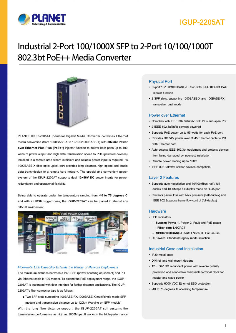 Page 1 de la notice Fiche technique Planet IGUP-2205AT