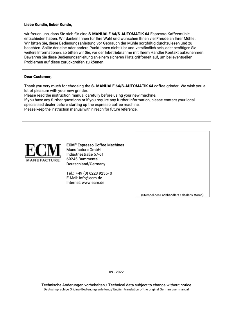 Page 1 de la notice Manuel utilisateur ECM S-Automatik 64 Heritage Line