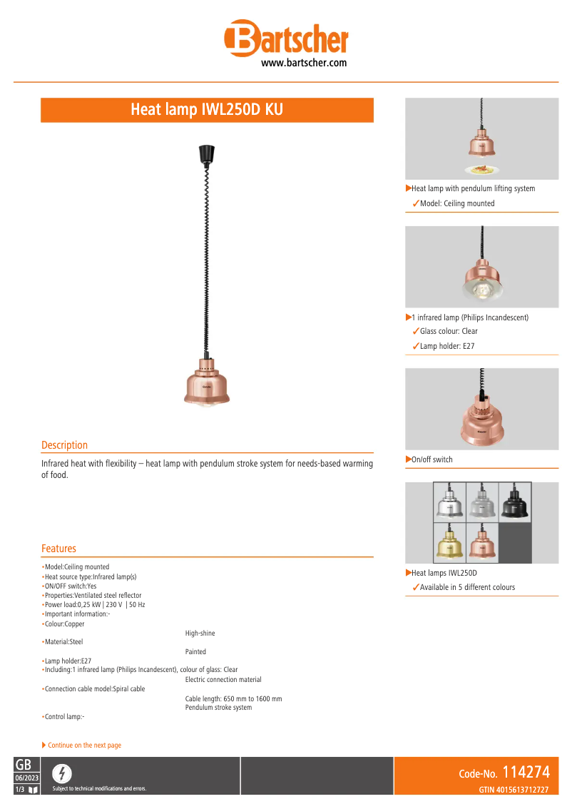Page 1 de la notice Fiche technique Bartscher IWL250D KU