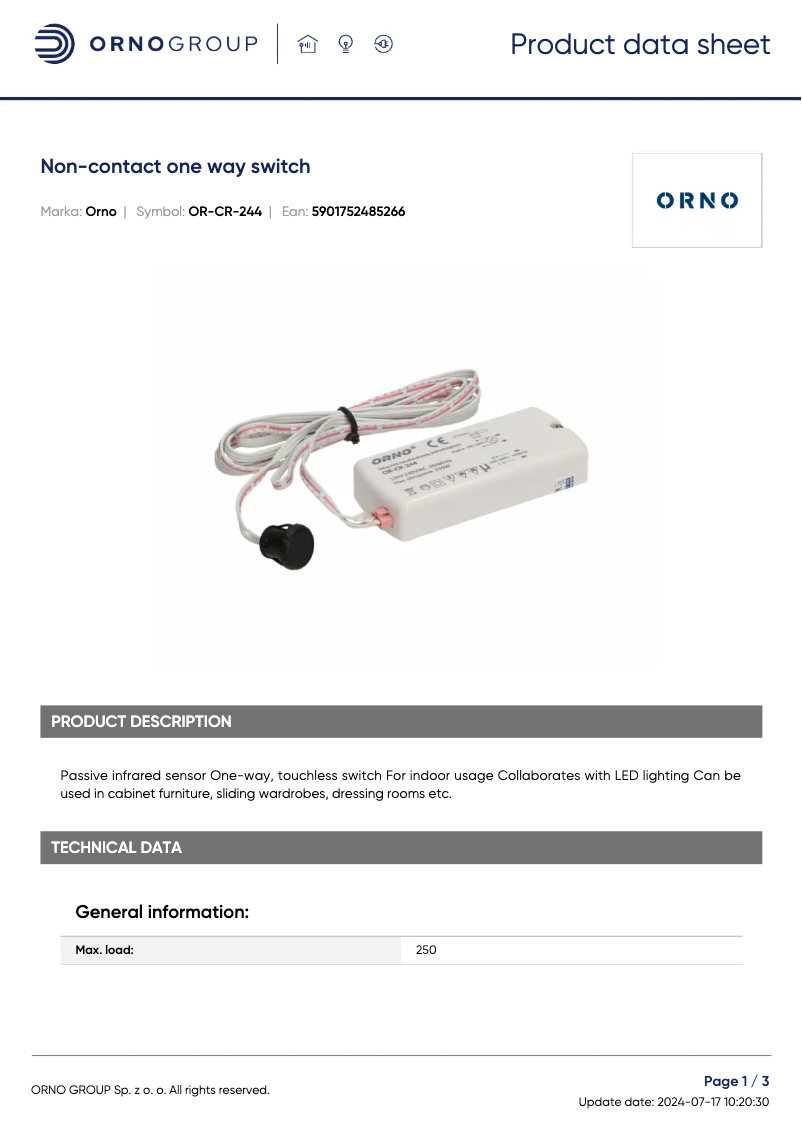 Page 1 de la notice Fiche technique ORNO OR-CR-244