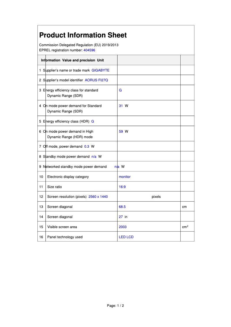 Página 1 del manual Ficha técnica Gigabyte AORUS FI27Q