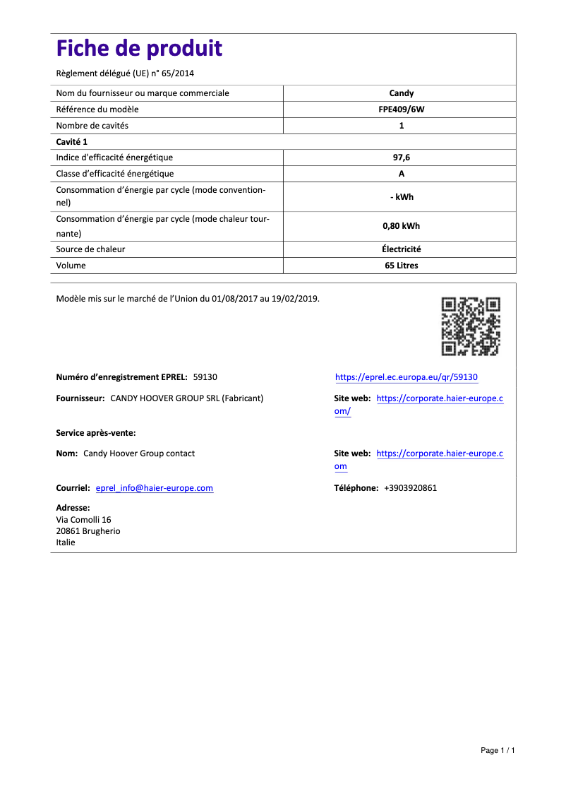 Page n°1 - Manuel utilisateur Candy FPE409/6W