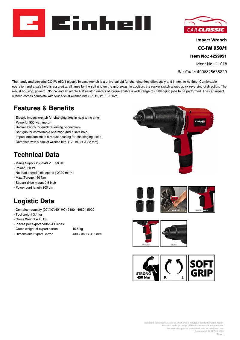 Page 1 de la notice Fiche technique Einhell CC-IW 950/1