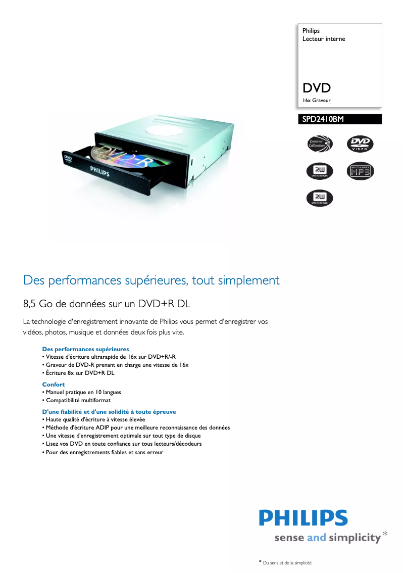 Page 1 de la notice Fiche technique Philips SPD2410BM
